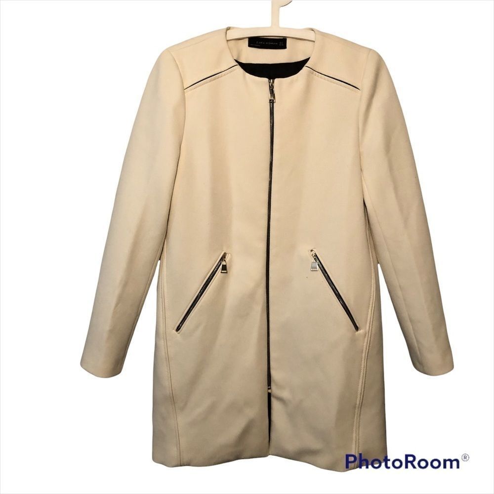 Zara Cream Long Collarless Coat with Black Trim